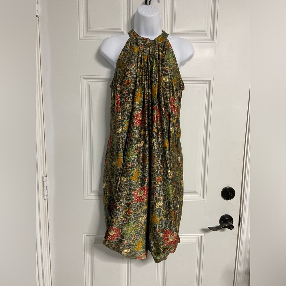 D7- PORTOBELLO Paisley-Floral Drape Halter Midi Dress